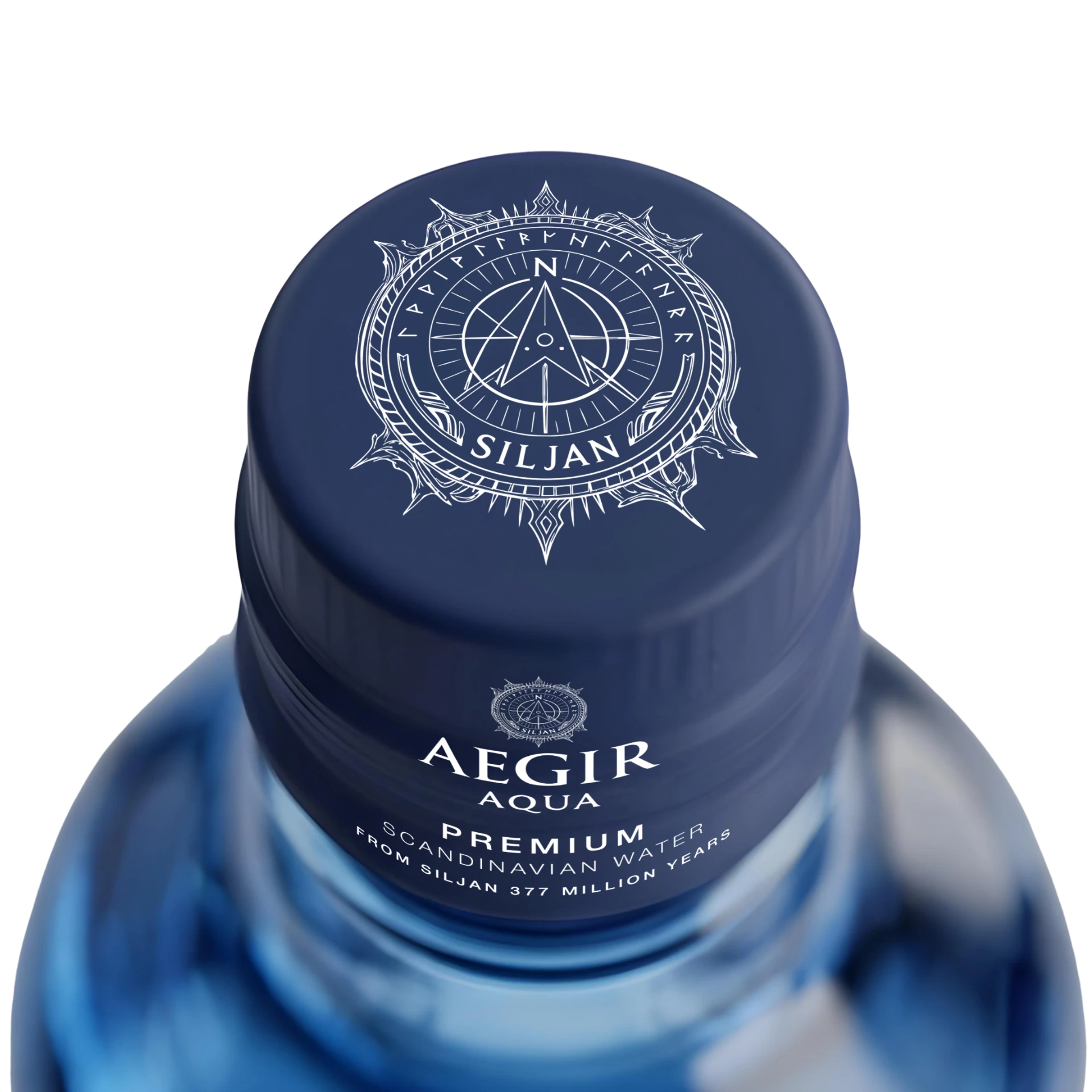 Close-up of the AEGIR Aqua bottle cap with the Siljan emblem